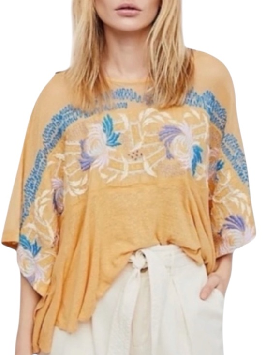 Free People Tops - FREE PEOPLE Love Letter Embroidered Poncho Tee in Tangerine Yellow Size S — FUN!